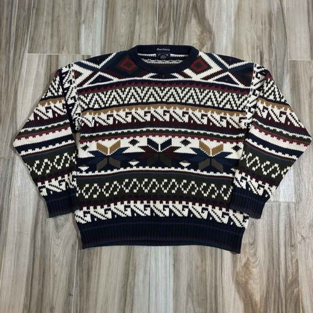 VTG Gant knitted jumper Sweater Large Abstract‎ Patterned Grandad chunky Cotton